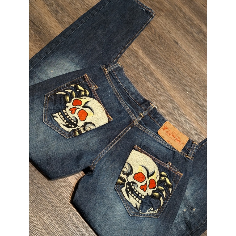 Ed Hardy Christian Audigier Lot 2008 Skull Embroidered Jeans‎ Mens 31x34 Blue